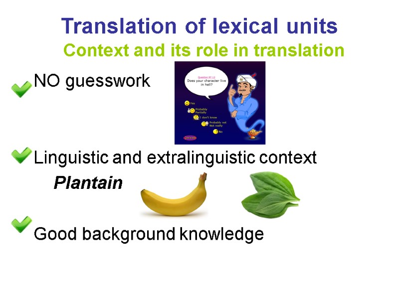 Translation of lexical units  Context and its role in translation NO guesswork 